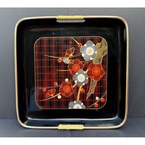 Vintage small lacquer serving tray Toyo Japan blossoms red gold black white 70's